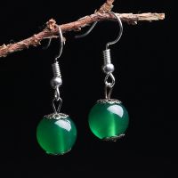 绿玛瑙耳环 印象眸 玛瑙圆珠耳环女款 玉髓耳环简约时尚女款菠菜绿合金耳坠女