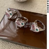 银色开口可调节 戒指女ins不掉色小众设计女款高级复古撞色粉绿镶嵌夸张宝石戒指