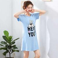 [小兔]蓝色(一件装) M (75-95斤) 睡裙女夏季可爱韩版短袖睡裙女宽松中长款大码睡裙女士夏天家居服