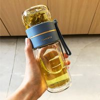 蓝色400ml(双层杯体) 单杯 茶水分离玻璃杯双层水杯女便携防摔隔热泡茶杯子男过滤茶杯高颜值