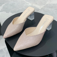 粉 红色 34 时尚包头凉拖鞋女夏粗跟高跟外穿半拖显瘦懒人拖水晶跟试衣间女鞋