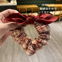 酒红色 皮筋女ins 韩国简约森系扎头发头发饰品蝴蝶结发绳格子大肠圈发圈