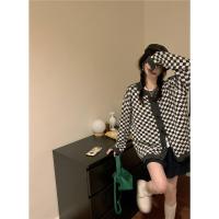 黑白格子 均码 棋盘格毛衣外套女宽松慵懒风中长款撞色长袖开衫秋冬减龄休闲上衣