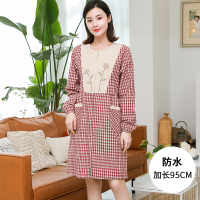 拉链花-红格(单层) 长款95CM 拉链围裙可爱日系带袖家用厨房长袖罩衣大人加长工作服防水防油女