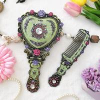 古青铜 复古宫廷少女心型镜子化妆镜折叠便携大号手柄镜手持梳子套装礼物