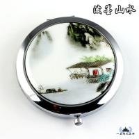 泼墨山水 创意景德镇陶瓷便携式随身小圆镜子 双面折叠化妆镜 超薄梳妆镜女