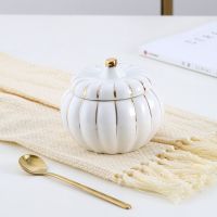 小号白色金边南瓜炖盅+金勺(220) 轻奢祖母绿带盖陶瓷金边炖盅隔水炖家用燕窝盅南瓜盅蒸蛋小炖盅
