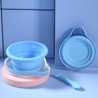 硅胶折叠碗套装-蓝色 打折儿童辅食碗套装硅胶折叠防尘外出便携宝宝训练勺辅食餐具