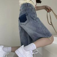 复古蓝优质面料 S [建议90-100斤] 辣妹破洞牛仔短裤女胖妹妹高腰直筒显瘦五分裤夏装2021大码女装潮