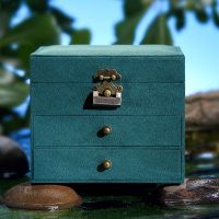 三层复古锁款墨绿色 高档复古手提耳钉耳环饰品盒绒面首饰收纳盒子大容量收纳盒多功能