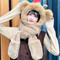 卡其 均码 小熊帽子女秋冬季可爱保暖毛绒连帽围巾手套一体韩版学生百搭防寒
