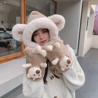 卡其色帽子围巾手套套装 56-60cm 可爱小熊耳朵百搭保暖双层加厚秋冬天女帽子围巾手套三件套一体帽