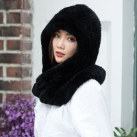 黑色 冬季韩版女生仿懒兔毛编织帽子一体两用连体帽加厚加绒保暖围脖帽