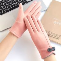 蝴蝶粉[德绒薄绒] 麂皮绒手套女冬季加厚骑车保暖手套女冬可爱摩托电动车棉手套女冬