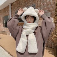 [白色]-小熊 小童-[3-9岁] 小熊帽子女秋冬季百搭毛绒保暖连帽围巾手套一体可爱韩版耳朵棉帽