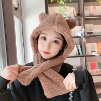 [交叉连体帽]咖色 小熊帽子女冬天围巾围脖三件套毛绒一体连帽手套可爱加厚保暖护耳