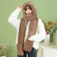 成人大毛条-巧克力色 帽子围巾手套三件套女韩版成人秋冬双层加厚学生可爱帽围巾一体潮