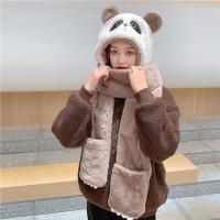 3288卡其色 均码(56-61cm) 韩版学生帽子围巾手套三件套女冬季保暖可爱熊猫围脖一体帽子套装