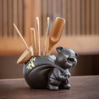 紫砂背带猪+[竹五件套] 茶具配件功夫铜六君子套装紫砂茶宠摆件精品黑檀木六君子茶道