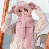 [加厚500g 不掉毛獭兔毛]皮粉色 秋冬卡通小熊帽子围巾手套三件套女生冬天骑车加厚保暖獭兔毛围脖