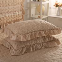 浅驼色 48*74cm两只装 韩版夹棉花边枕套荷叶边信封枕头套枕芯套加厚绗缝加棉枕套一对装