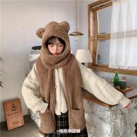 三件套(棕色) 韩国ins手套连帽围脖韩版可爱绒毛绒加厚保暖帽子围巾一体女冬季