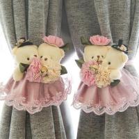 粉红色 康乃馨恩爱熊粉色 欧式小熊窗帘绑带 窗帘扣创意田园布艺窗帘绑花捆绑扎花一对。