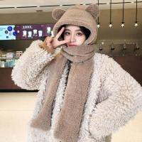 小熊咖色 二件套 成人款(55-62cm) 小熊帽子手套女秋冬季保暖可爱毛绒围巾一体围脖连帽学生韩版百搭