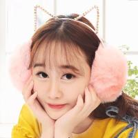 粉色 点钻猫耳朵冬天女性耳罩 卡通耳套保暖女士耳包 毛绒耳暖