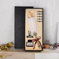 金头白 复古鸡毛羽毛钢笔套装 生日礼物 钢笔学生男帅气墨水雕花套装送礼