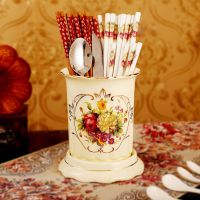 单筒黄釉繁花似锦 陶瓷筷子筒家用欧式筷笼大号单筒收纳沥水筷桶厨房餐具勺子收纳盒