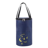 藏青色牛津布 直径12cm高20cm 铝箔加厚饭盒袋手提包圆形上班族布袋子保温带饭便当袋餐包手拎袋