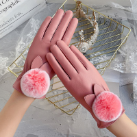 粉色-皮U款(獭兔毛球) 均码 皮手套女士ins秋冬季触屏防水加绒保暖兔毛可爱学生骑车加厚防寒