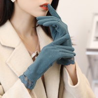 法式风蕾丝 孔雀蓝 均码 优雅时尚秋季冬天毛绒手套女加绒触屏法式风蕾丝短款开车骑行保暖
