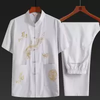 灰色短袖大龙套装 39/165 唐装男中老年爸爸装春秋季亚麻套装爷爷中国风长袖老人睡衣家居服