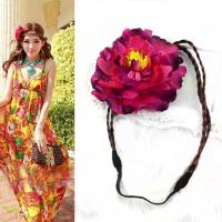模特款紫红牡丹双层发辫 波西米亚风花朵发带辫子花环发饰发箍旅游海边拍照头花配饰品头饰