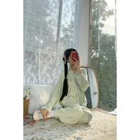 淡青色2件套预售 20天 S 五五年原创 改良汉元素中国风睡衣交领裤子蕾丝边两件套薄款套装