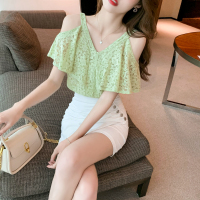 绿色 S 短袖高级感女夏法式小众别致荷叶边吊带蕾丝衫心机露肩雪纺衫上衣