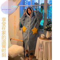 氧气蓝 M 建议90斤一125斤 睡衣女秋冬季珊瑚绒星星长款可外穿法兰绒大码睡袍女冬睡裙家居服