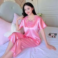 豆沙粉花边款[短袖短裤] M [70-95斤] 睡衣女春夏中老年冰丝韩版性感短袖加大码秋冬季仿真丝长袖家居服