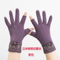 紫色-露指-立体蝴蝶结蕾丝 均码 秋冬季弹力加厚半指五指可爱二骑行露手指两指棉手套冬天女加绒春