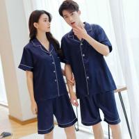 情侣睡衣-藏青色双短款 女M+男L 真丝绸情侣睡衣女冰丝两件套短袖夏季男士薄款家居服夏天性感套装