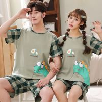 1292 女M+男L 夏季情侣棉质睡衣背心短款男女士短袖短裤休闲卡通夏天家居服套装