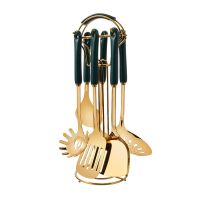 欧式绿金 锅 铲 不锈钢全套勺铲陶瓷厨具汤勺煎铲漏勺锅铲家用加厚铲勺厨具置物架