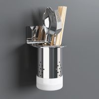 304不锈钢免打孔壁挂单筷筒(原色) 304不锈钢厨房置物架壁挂式免打孔转角收纳省空间调味品调料架子