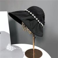 黑色 可调节 扎马尾帽子女夏帽大檐珍珠花朵渔夫帽防紫外线遮脸空顶遮阳帽