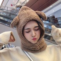 小熊帽子[不含围巾手套]卡其 均码 jennie同款小熊帽子围巾女冬季一体帽带手套韩版加厚毛绒围巾帽