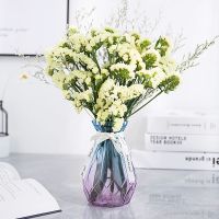 黄色勿忘我+情人草+琉光玻璃花瓶 满天星干花装饰摆件客厅摆设永生花家居装饰花干花花束真花带花瓶