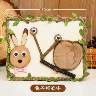藕色 兔子和蜗牛 创意DIY原木画自然原木片树枝画手工制作材料包幼儿园木艺画框