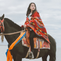 红色几何 优质正版 青海湖沙漠旅游大披肩女围巾两用防晒保暖茶卡盐湖民族风斗篷外套